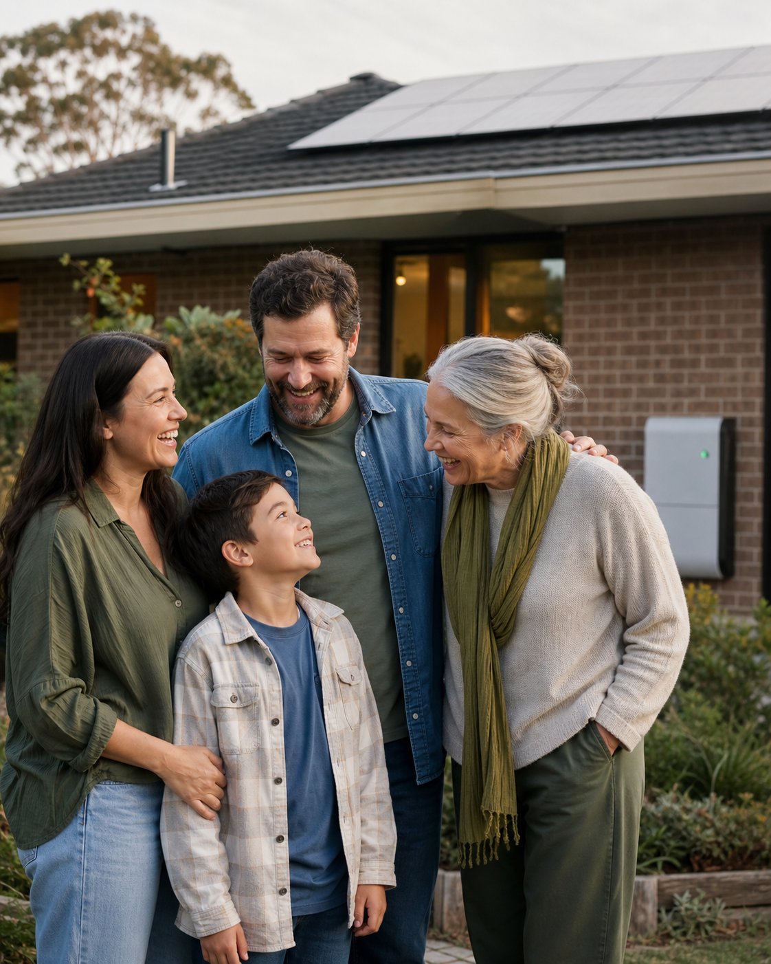 A happy multigenerational family outside their solar-powered home