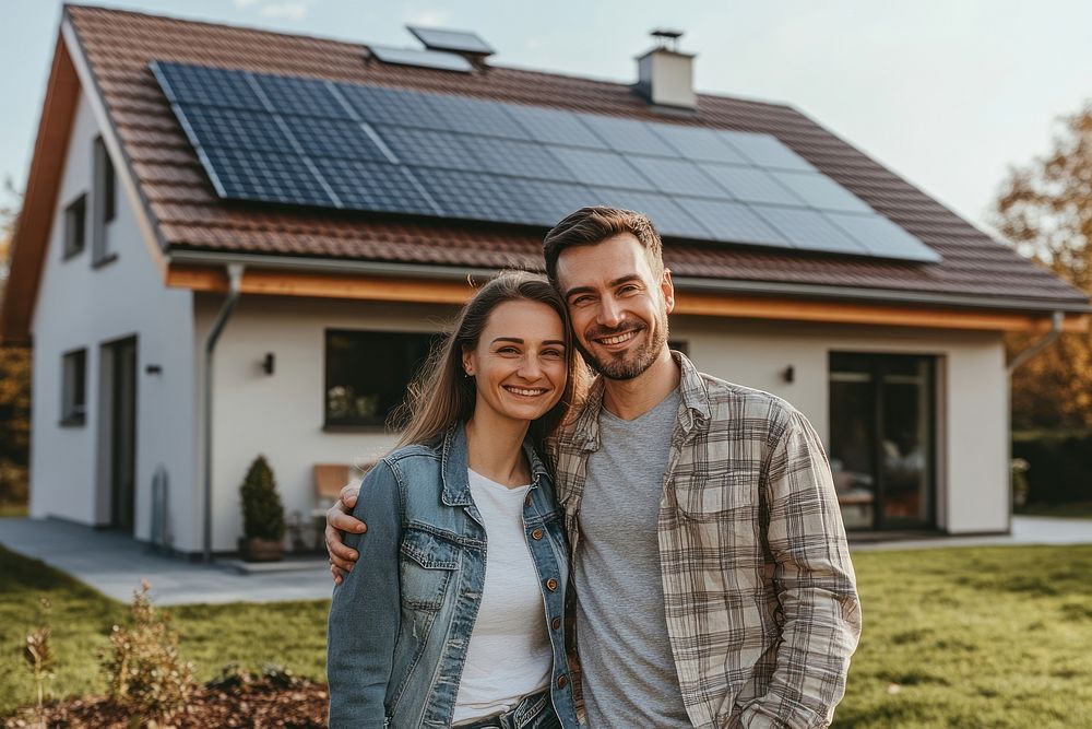 Two homeowners outside a house fitted with rooftop solar panels